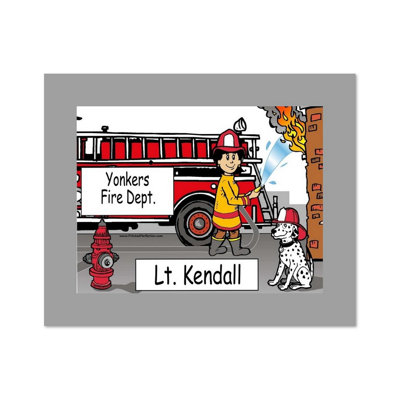 Personalized Fire Fighter Female Cartoon Caricature with a Mat, Ready to Frame