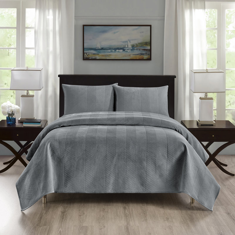 Ensemble de courtepointe en velours surdimensionné Pointehaven, Courtepointe pour lit double/grand et 2 taies déc, Gris