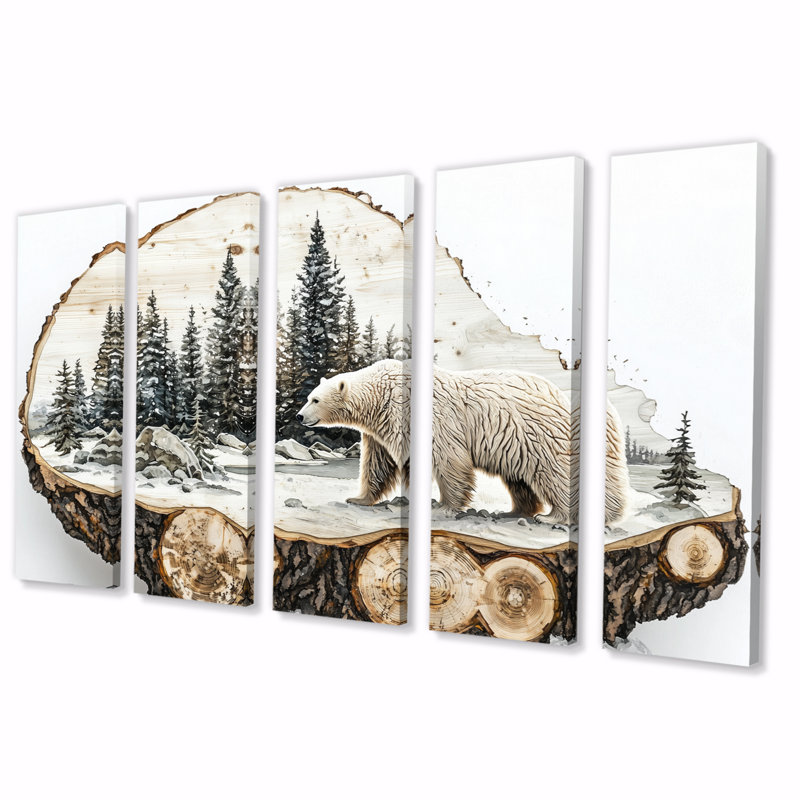 Hiver, ours polaire dans un paysage forestier III - 2, art mural - ensemble d'art mural moderne, H 32 po x l 80 po, 5