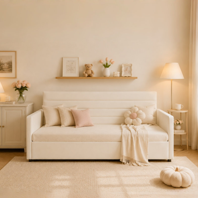 Hydraulic Lift Up Upholstered Storage Cream Daybed, Cream