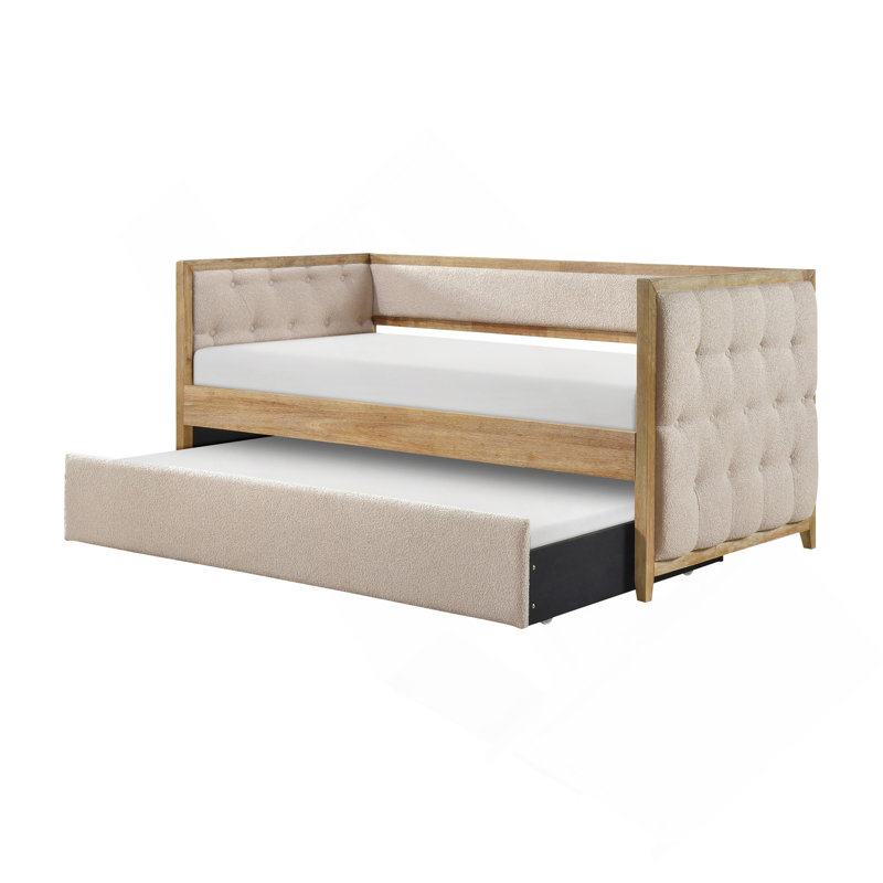 Lit de jour moderne 1pc avec lit gigogne escamotable beige Boucle touffeté chambre à coucher Mobilier de style transitionnel finition naturelle