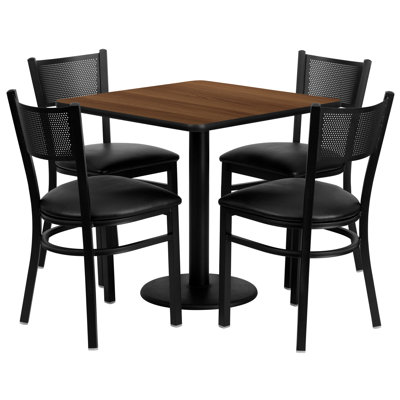 Bryoni 30" Square Walnut Laminate Table Set with 4 Metal Chairs - Vinyl Seat