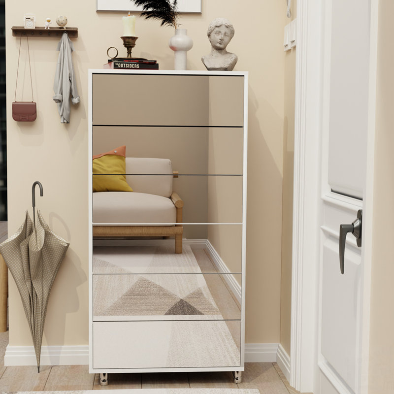Armoire à chaussures à miroir avec 6 tiroirs rabattables, beaucoup de rangement, porte tactile et 4 pieds en métal pour les maisons modernes