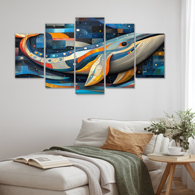 Baleine inuit dans des tons bleus et jaunes - ensemble d'art mural sur toile baleine