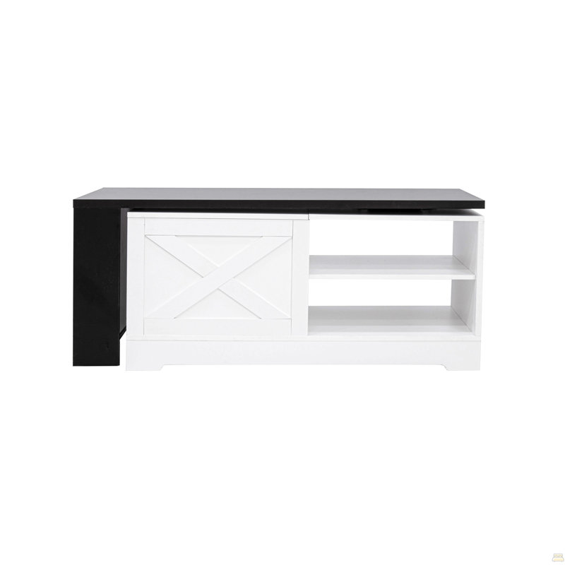 Table basse à plateau relevable avec portes de grange, table centrale rectangulaire en bois avec grand espace de rangement caché et armoire ouverte