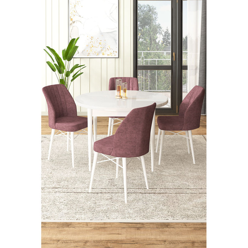 Ensemble de table et chaises de salle à manger moderne 5 pièces, blanc et rose cendré | 100% panneau de particules revêtu de mélamine, table: 35,4 po x 29,5 po x 35,4 po, chaises: 17,7 po x 36,6 po x 16,5 po | Pieds en bois et structure en métal, coussins en mousse confortables, élégants et fonctionnels