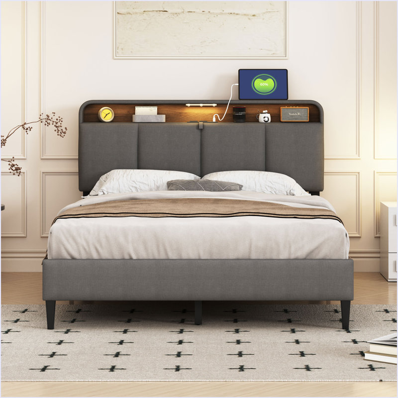 Lit plateforme tapissier avec tête de lit à rangement, capteur de lumière et ensemble de prises et ports USB, Gris, Double