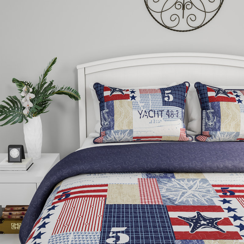 King Blue Microfiber Reversible Nautical Americana Quilt Set