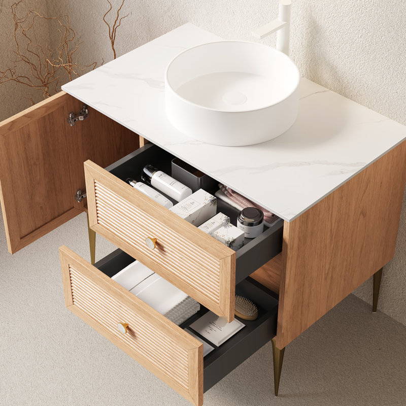 Meuble-lavabo autoportant de 36 po, lavabo en céramique de 16 po, contreplaqué haute résistance de 0,7 po d'épaisseur, 2 tiroirs et 1 porte, système de fermeture en douceur, lavabo à rayures en chêne exquis,