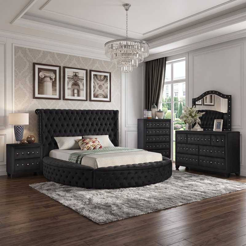 Ensemble de chambre à coucher 5 pièces Taner, Noir, 5 Pcs: Bed, 2 Dressers, Mirror, Nightstand, Grand