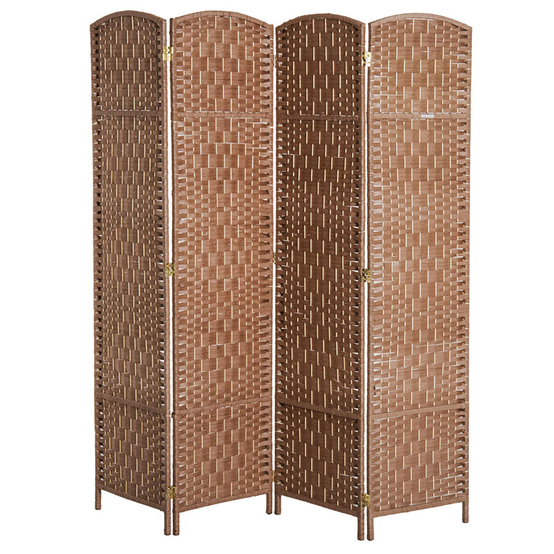 Cloison d'intimité en tissage naturel de 6 pi de hauteur. Œuvre artistique. Structure en bois de peuplier. Pour les bureaux à la maison. 4 panneaux avec charnière mobile. Facile à transporter et à ranger. Motif. Base. Créer un espace privé
