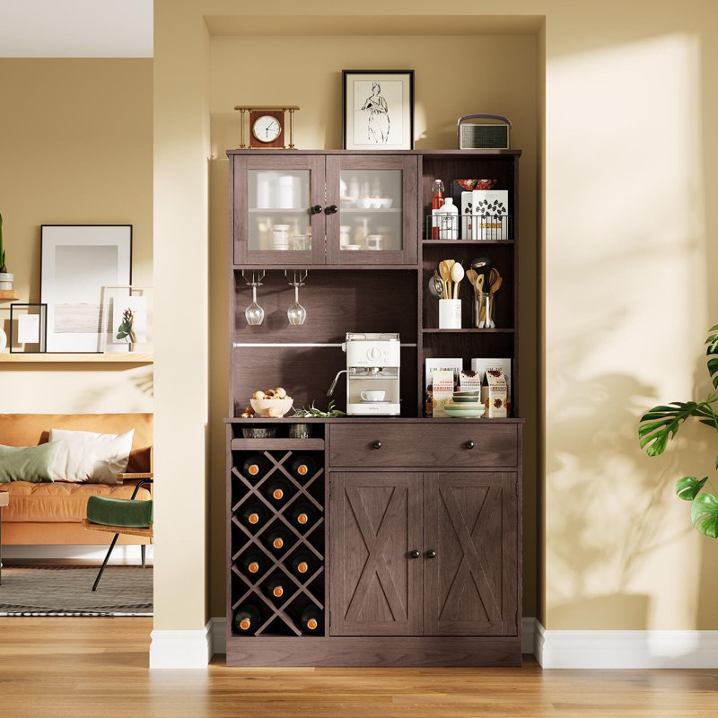 Armoire à café et à vin H 71 po avec support pour 11 bouteilles, tiroirs, tablettes, station de charge intégrée, Brun