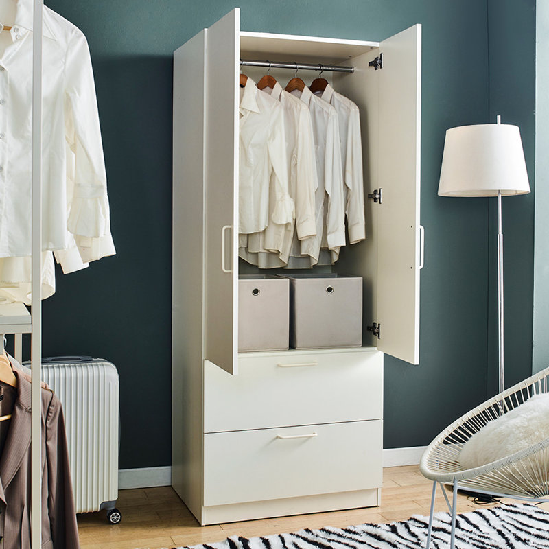 Armoire de rangement en bois blanc avec deux tiroirs et barres suspendues - portes à fermeture silencieuse, espace généreux, eau et chaleur, option douce à deux portes anti-taches, zone élargie, surface, finition, catégorie E0