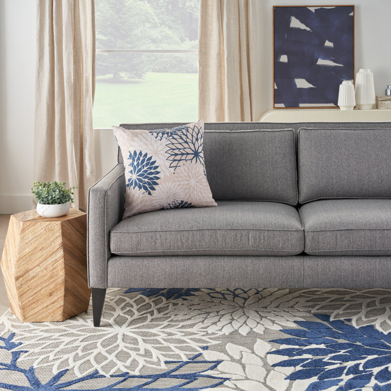 Ivory and Navy Floral Square Outdoor Throw Pillow