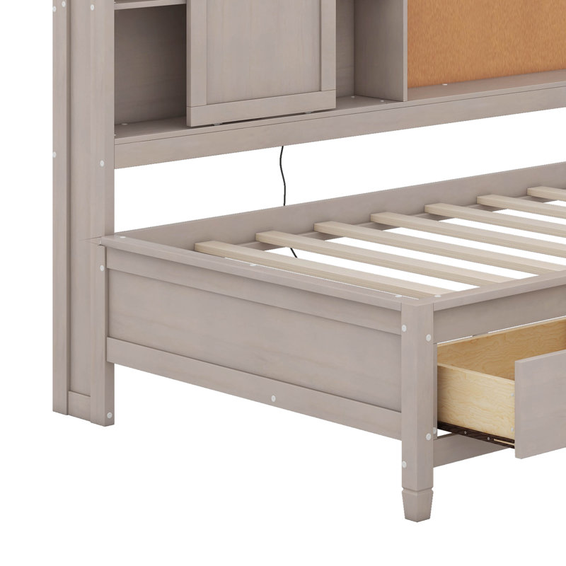 Lit de jour simple avec tablettes de rangement, planche de liège, ports USB et tiroirs, Gris antique