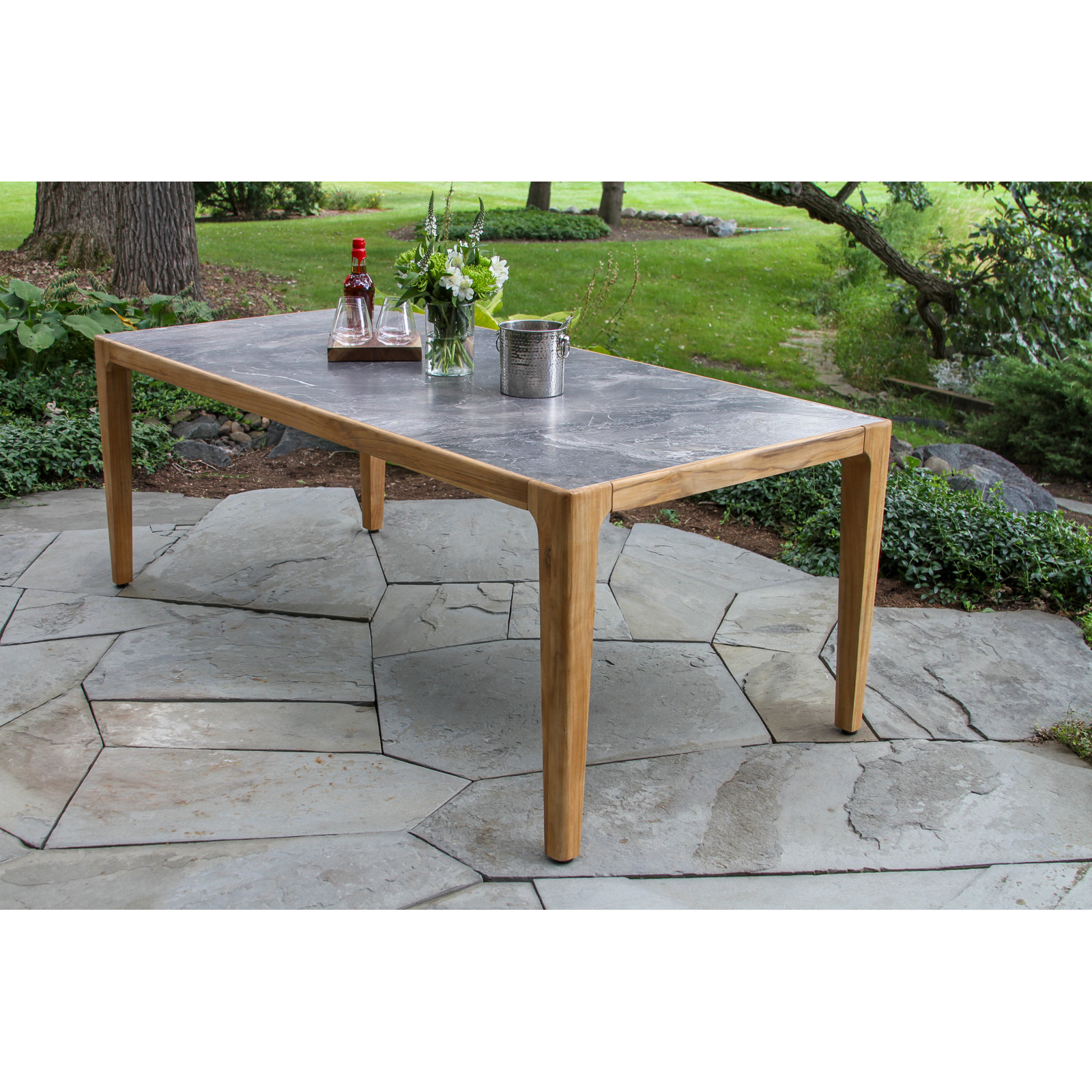 Cava 7 Pc. Teak Sintered Stone Dining Table With Rope Stacking Chairs, Gray/Black