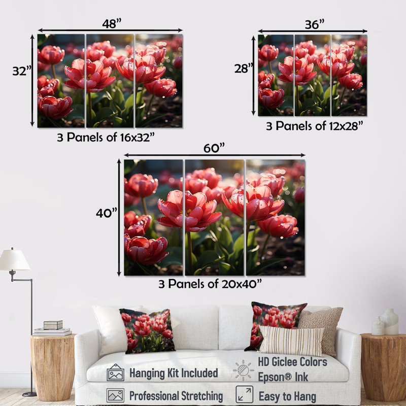 Tulipes rouges cramoisies se balançant dans un jardin ensoleillé - ensemble d'art mural tulipes, Toile tendue