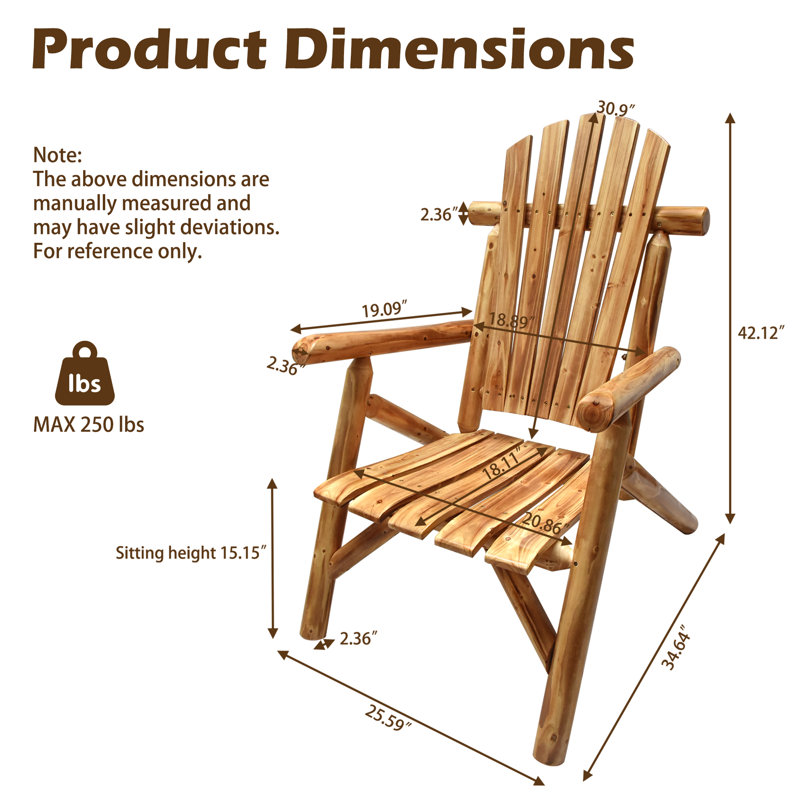 Wooden Log Lounge Chair Outdoor Patio Recliner Adults Furniture Comfy Rustic Porch Living Room Lawn Backyard, Brown