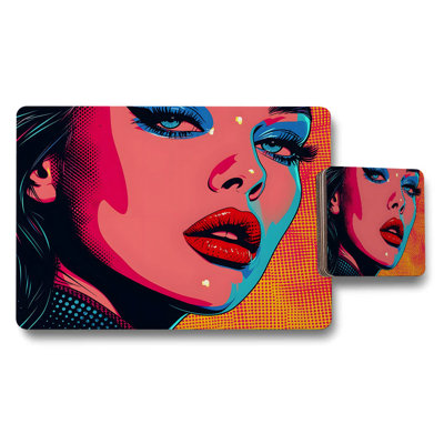 Pop Art Woman Placemat And Coaster Set Bright Colorful Decor