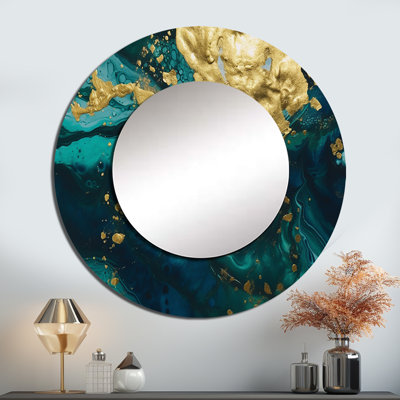 Sarcelle et or liquide Magic I - miroir abstrait, miroir mural décoratif bleu sarcelle, impression d'art en métal