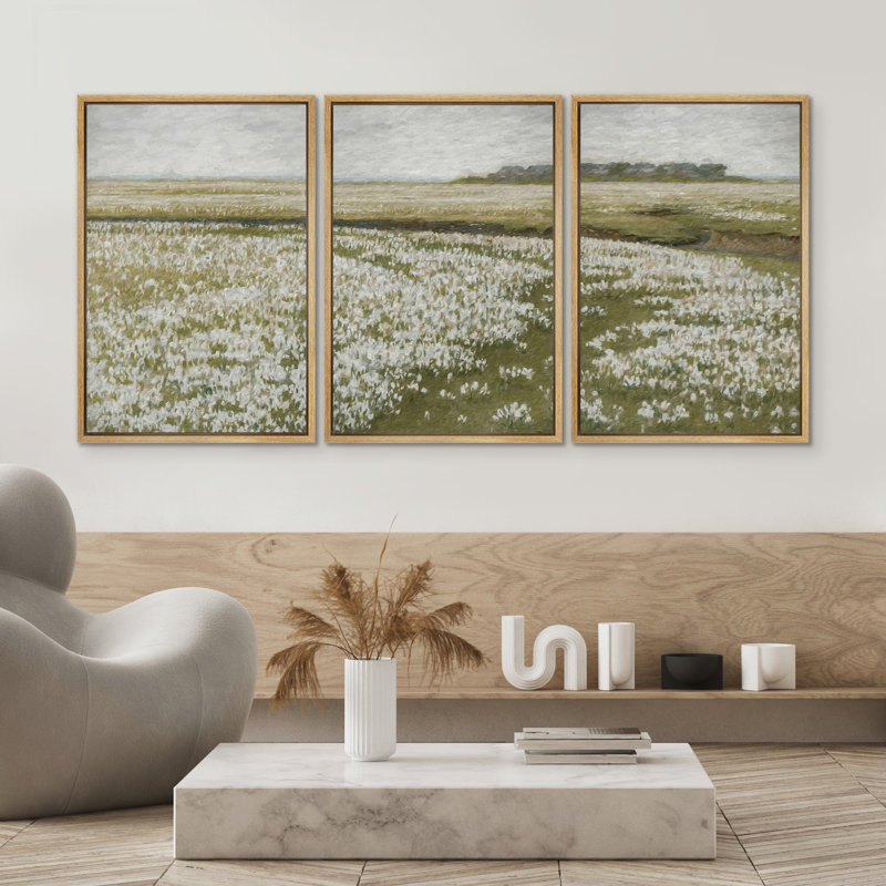 3 pièces, peinture sur toile à cadre flottant, H 24 po x l 48 po x P 1,5 po, Naturel