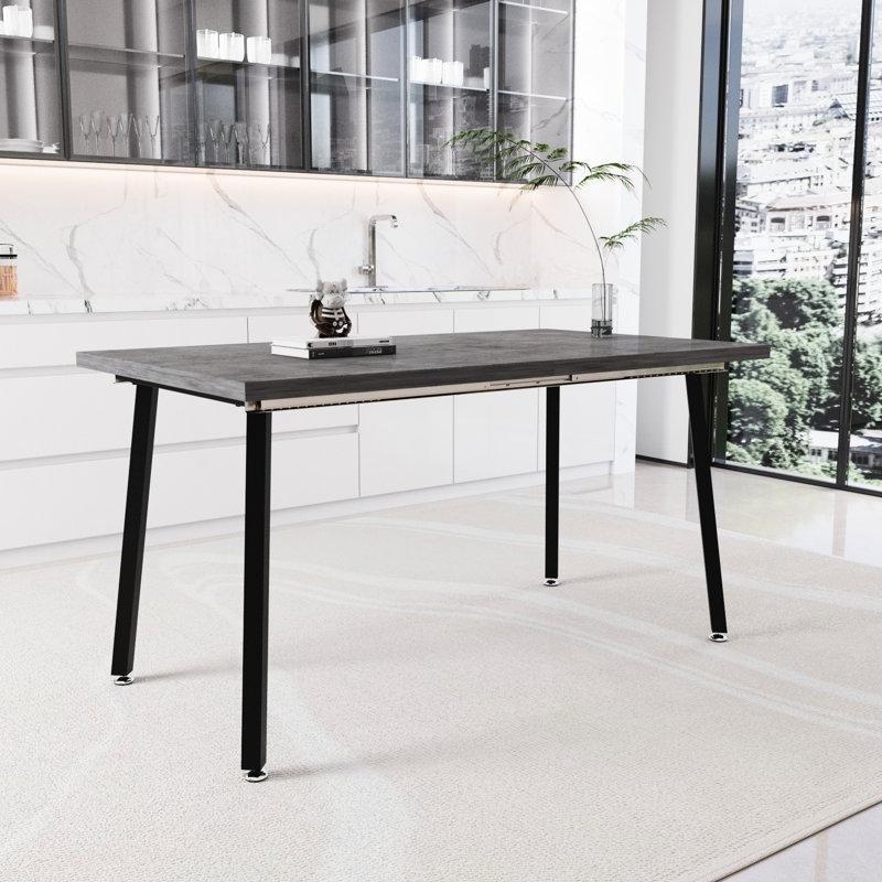 Table de salle à manger rectangulaire grise extensible, pieds en métal noir, style industriel médiéval pour la table de repas quotidienne pour la maison et la cuisine