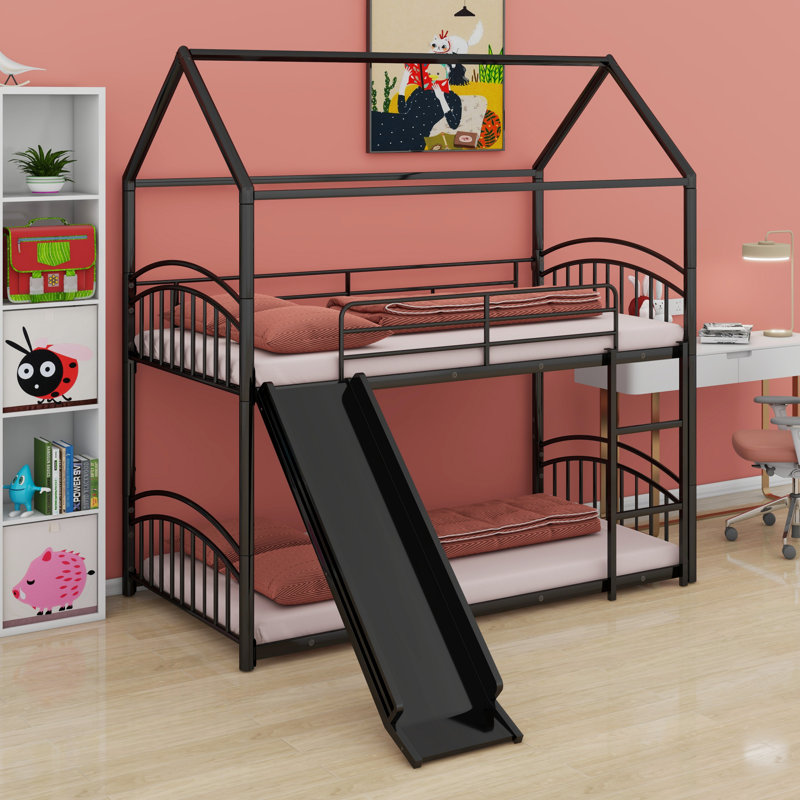 Metal Bunk Bed With Slide,Kids House Bed, Black