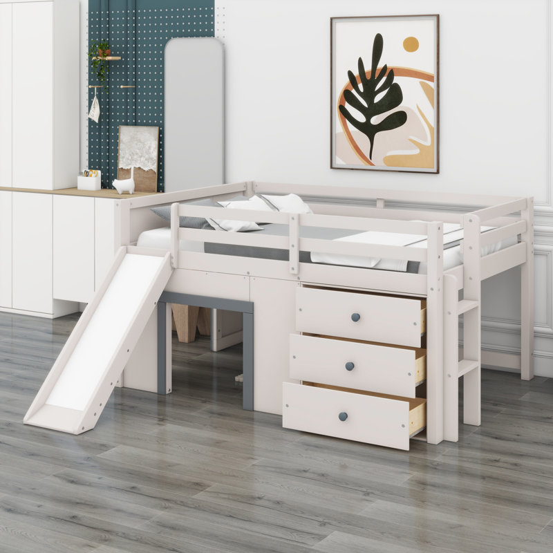 Low Loft Bed With Slide,Three Storage Drawers And Two Doors, Beige/Gray