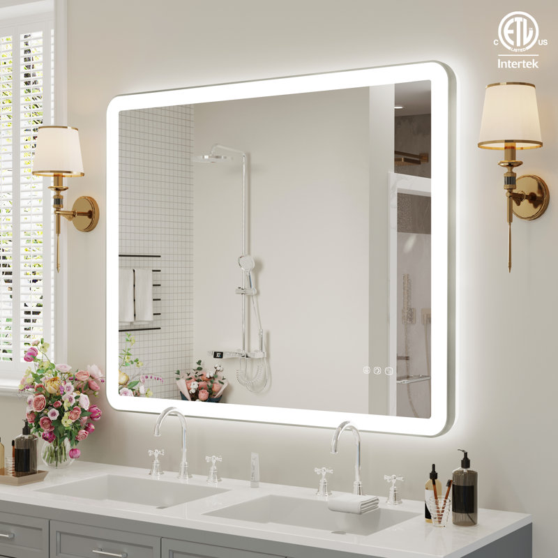 Natalin LED Wall Mirror, 48" x 40", Brushed Nickel, Rectangle