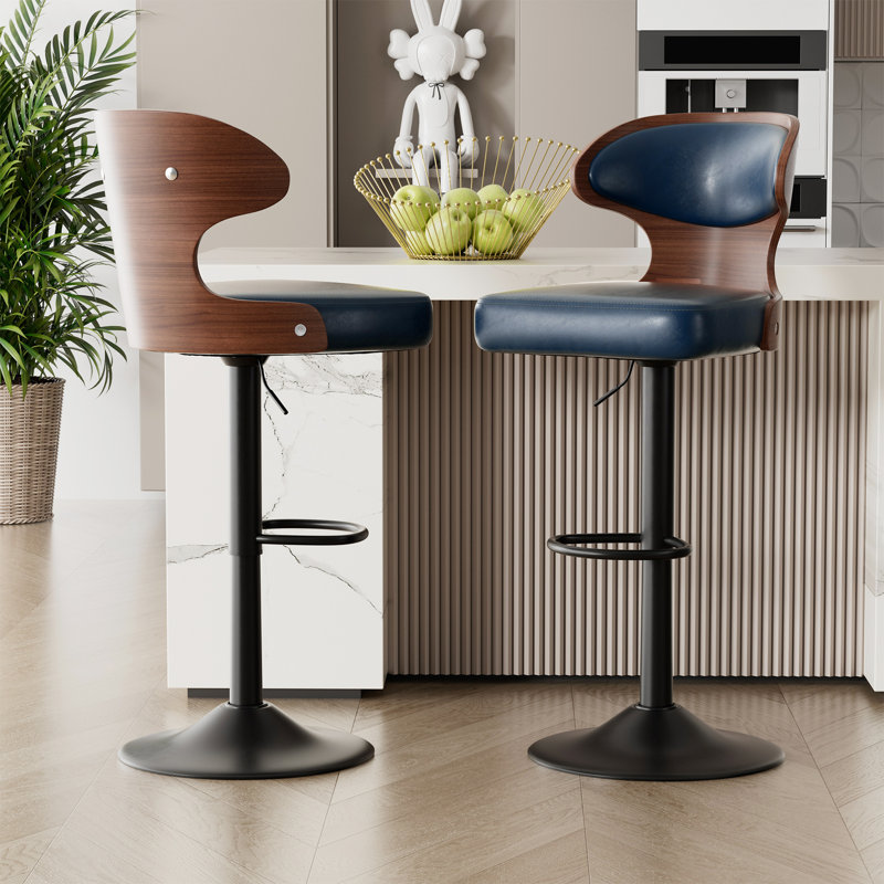 Olivetti Modern Swivel Bar Stools with Backrest – Pet-Friendly PU Leather Seat & Curved Walnut Wood, Height Adjustable Counter Chairs with Footrest and Matte Black Base for Kitchen Island or Home Bar