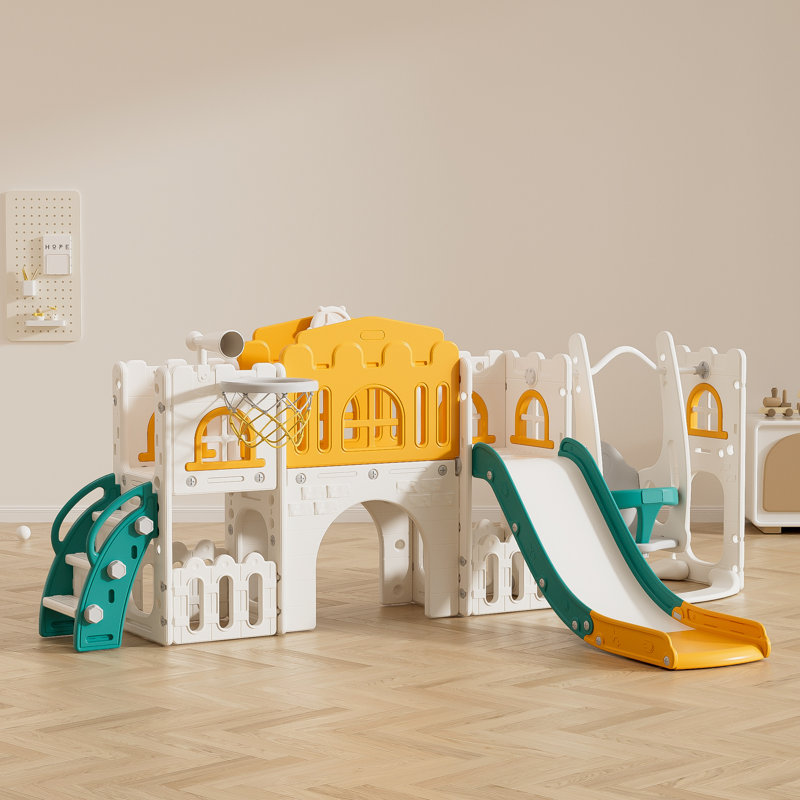 10 en 1 glissoire pour tout-petits, aire de jeu extérieure pour enfants, Jaune / Blanc / Vert