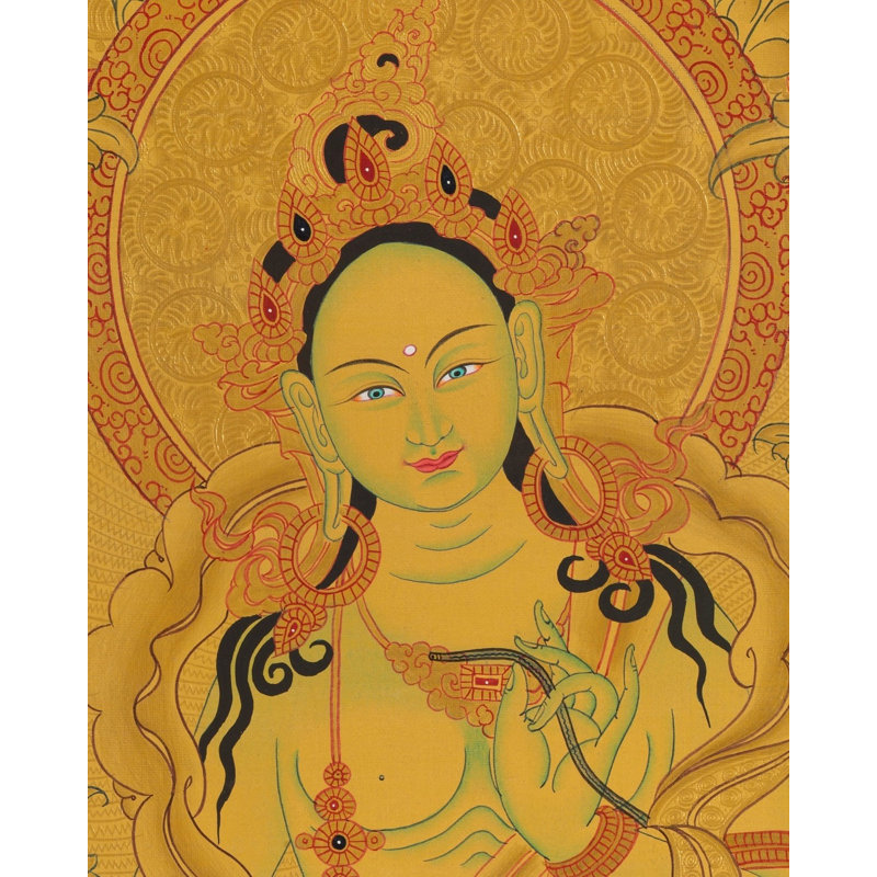 Vert Tara (Thangka sans brocart) | Or 24 carats avec couleurs acryliques sur toile de coton
