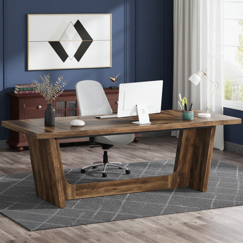 70.8-Inch Executive Desk, Wood Study Computer Desk Writing Table, Brown