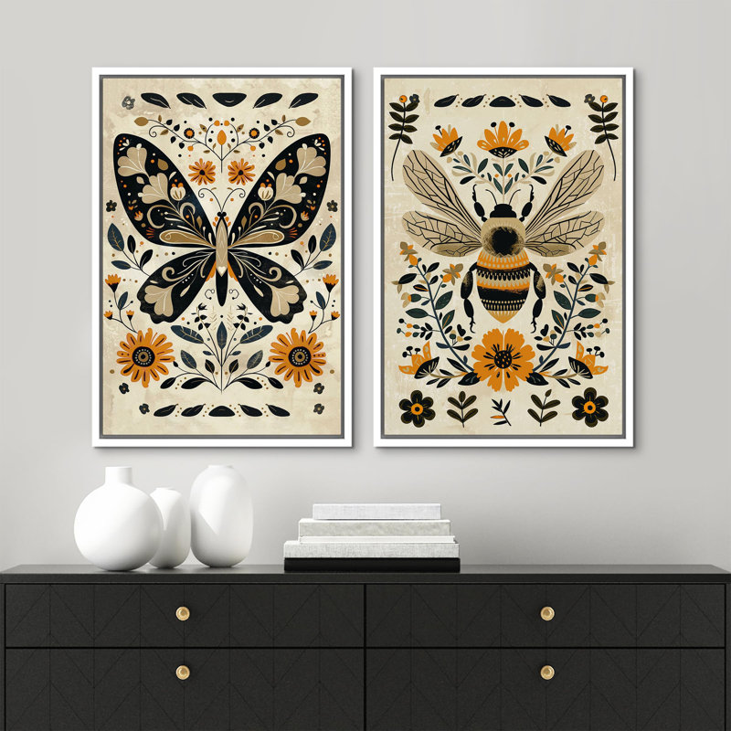 Butterfly Bee Animal And Boho Floral Botanical Decor Wall Art Framed 2 Piece Canvas Print, 16'' H x 24'' W, White Framed