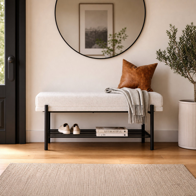 Banc de rangement capitonné et capitonné, Banc de rangement capitonné beige avec rangement