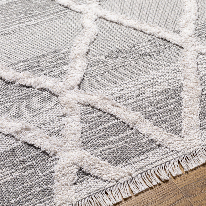 Himzo Geometric Machine Woven Cotton Area Rug in Gray, Rectangle 7'7" x 10'