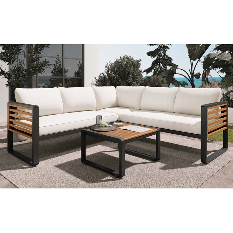 4-Pieces Patio L-Shaped Conservation Sofa Set With Coffee Tables, Beige