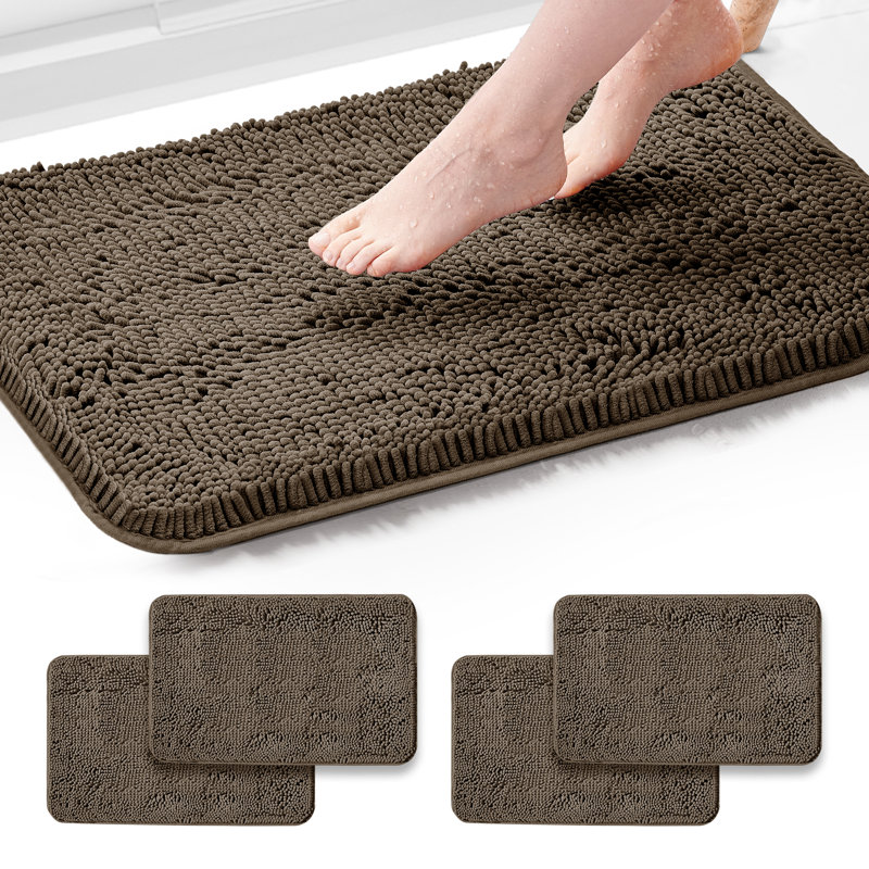 Chenille Bath Mat - Luxurious Soft Microfiber Absorbent Bathroom Rug, Non-Slip, Quick Dry (Set of 4), 44" L x 24" W, Brown