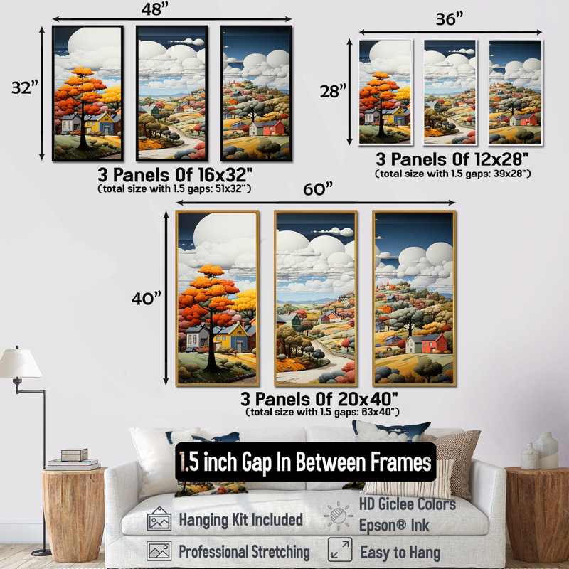 De Stijl Style County Side I - ensemble d'art sur toile campagne, H 28 po x l 36 po x P 1 po, Cadre flottant noir
