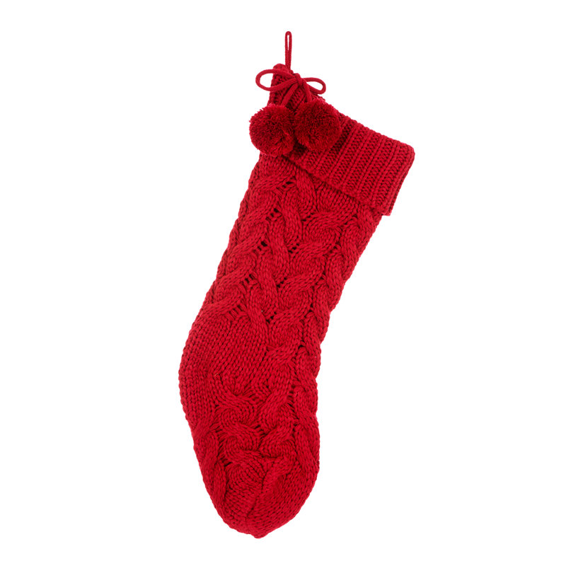 Chaussette de Noël en polyester tricoté 24 po avec boule de pompon - rouge