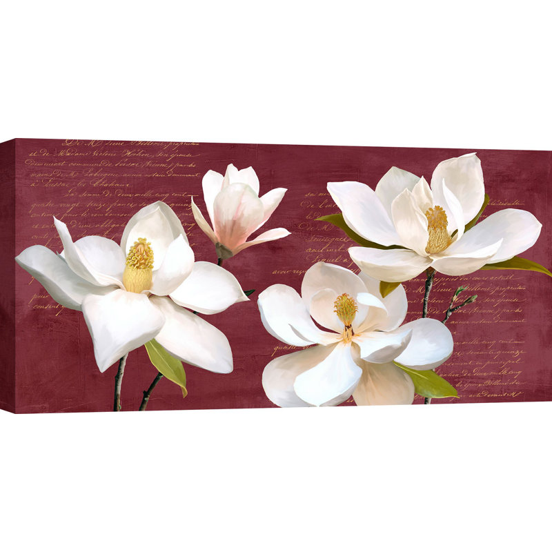 Shabby Elegance Style: Burgundy Magnolia 1 Piece Wrapped Canvas Painting, 50cm H x 100cm W x 4cm D