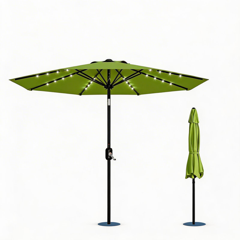 Parasol de patio 9 pi, 8 baleines robustes, avec lumières, Vert