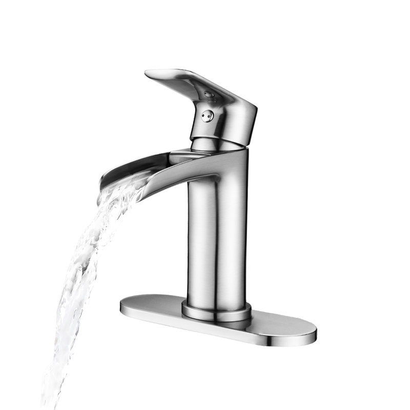Waterfall Bathroom Faucet Single Handle - Brushed Nickel Finish With Deck Plate & Overflow Pop Up Drain For Lavatory Vanity Sink In And Restroom Activity