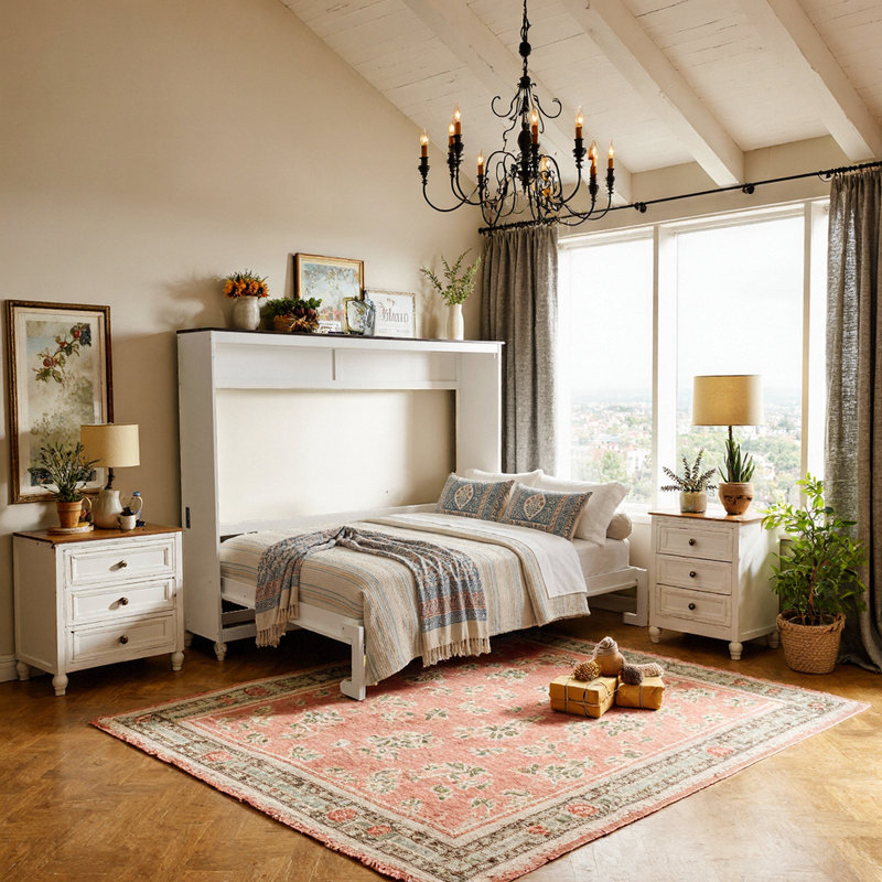 Grand lit escamotable mural avec tiroir de rangement et prises USB, Blanc
