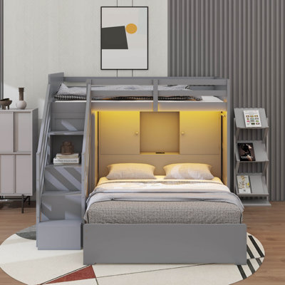 Lit superposé avec escalier de rangement, lit superposé en bois avec tablettes de rangement, garde-robe, port USB, station de charge et lumière