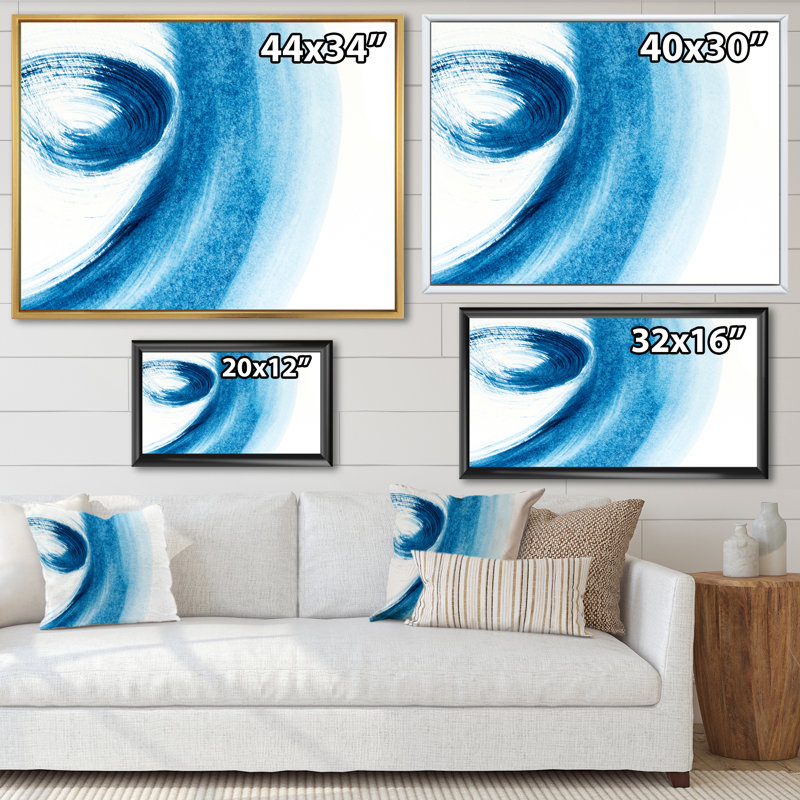 Coups de pinceau bleus sur blanc - peinture sur toile, H 24 po x l 32 po, Cadre flottant blanc