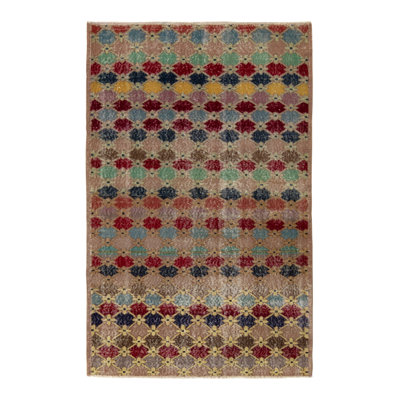 Pasha Hand-Knotted Vintage Distressed Art Deco Rug in Pink/Brown/Red/Blue Geometric Floral Pattern -  Rug & Kilim, 24312