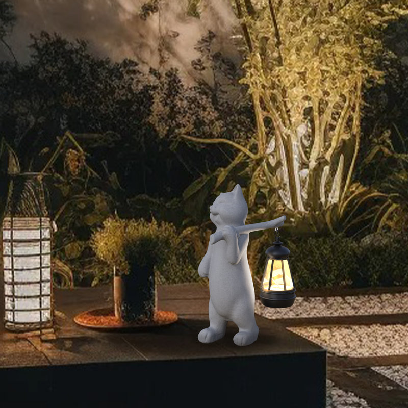 Figorona Solar-Powered Cat Resin Figurine - Garden Decor, Grey