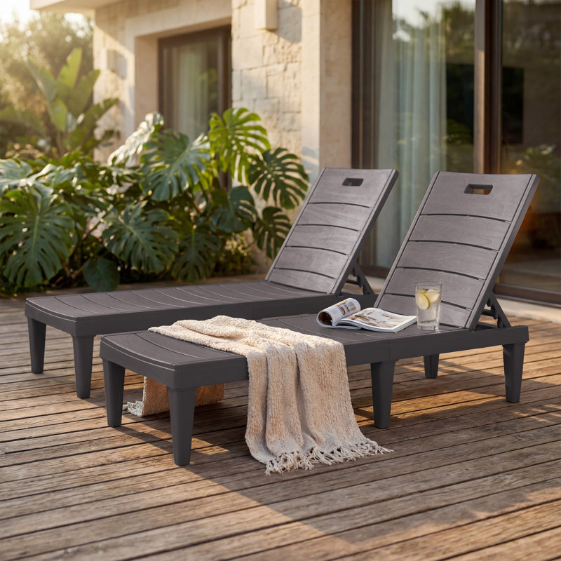 Set Of 2 Resin Outdoor Chaise Lounge Chairs With 5 Adjustable Positions, Waterproof & Tool-free Assembly For Patio Poolside