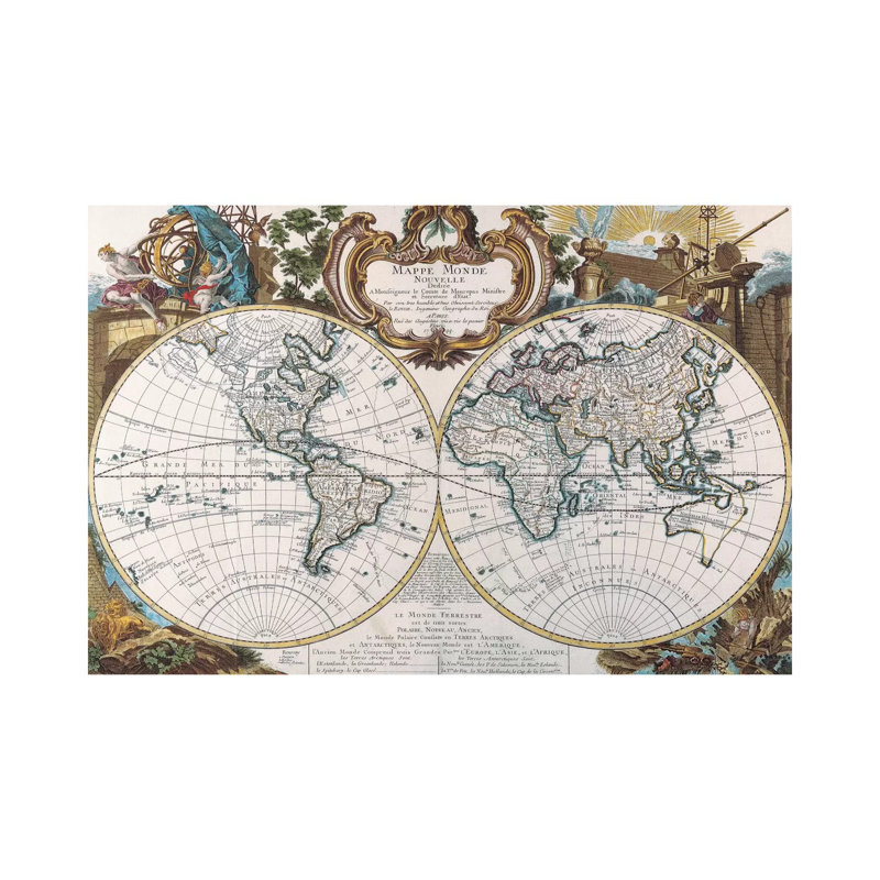 Antique Double Hemisphere Map Of The World - Wrapped Canvas Painting, 66.04 cm H x 45.72 cm W x 1.91 cm D